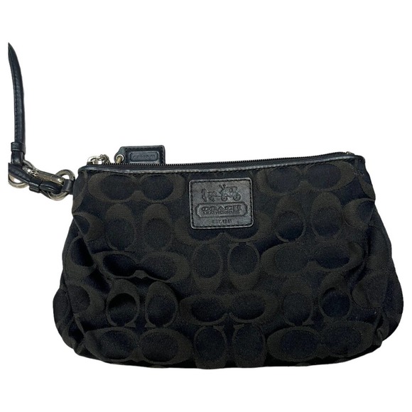 Coach Wristlet Womens Signature Monogram Fabric Zip Closure Black Gray/Green - Picture 2 of 13